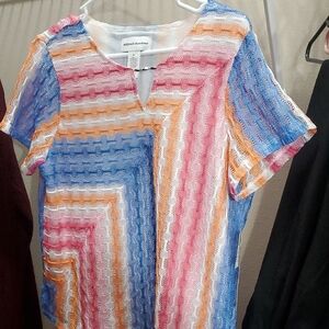 Alfred Dunner NWT Multicolor Wave Lace Short Sleeve Tunic Blue/Pink/Orange/White